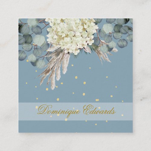 Professional Dusty Blue Gold Floral Chic Square Business Card