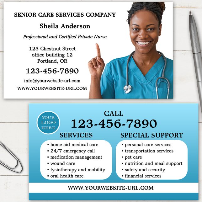 Professional Elderly Care Photo Business Card (Elderly medical home care nurse business card with custom photo and list of services)
