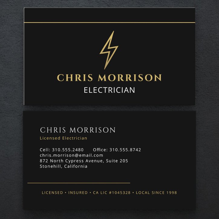 Professional Electrician Black Gold Contractor Business Card