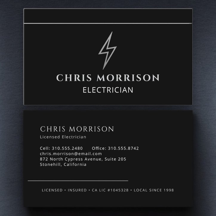 Professional Electrician Black Silver Contractor Business Card