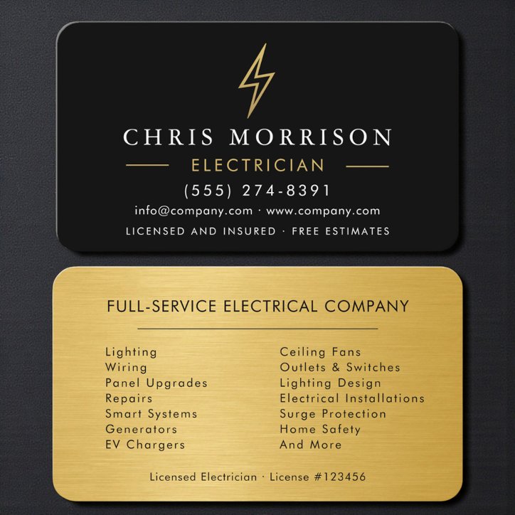 Professional Electrician Contractor Black Gold Business Card