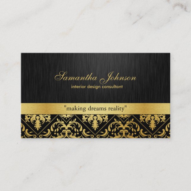 Professional Elegant Black and Gold Damask Business Card (Front)