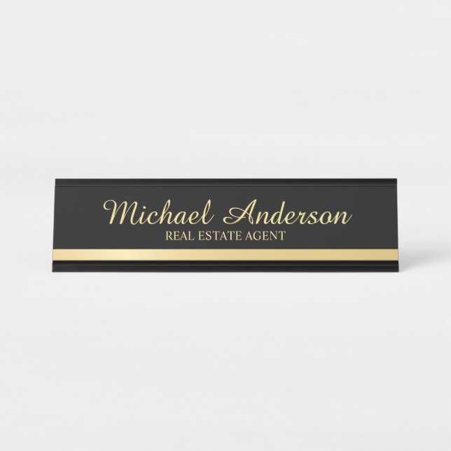 Professional Elegant Black and Gold Desk Name Plate (Front)