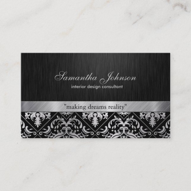 Professional Elegant Black and Silver Damask Business Card (Front)