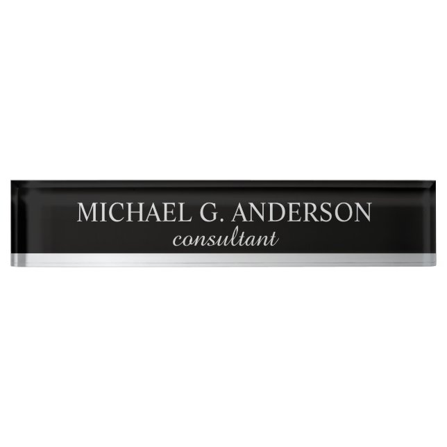 Professional Elegant Black and Silver Desk Name Plate (Front)
