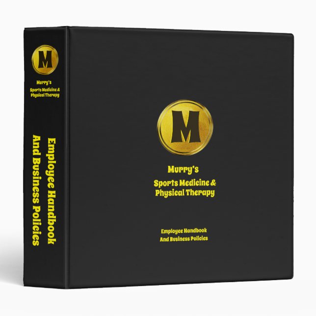 Professional Elegant Black Gold Monogram Business 3 Ring Binder (Front/Spine)