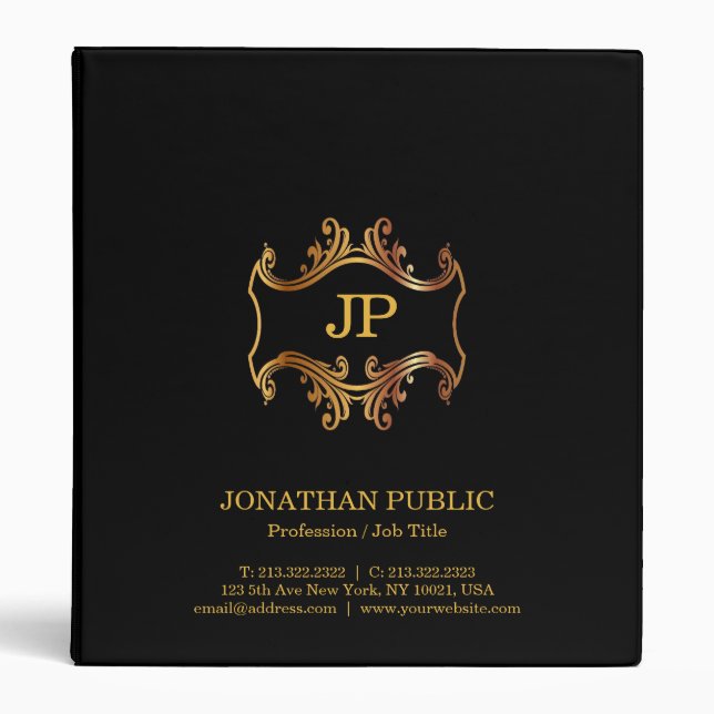 Professional Elegant Black Gold Monogram Luxury 3 Ring Binder (Front)
