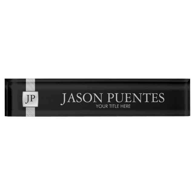 Professional Elegant Black & Silver with Monogram Desk Name Plate (Front)