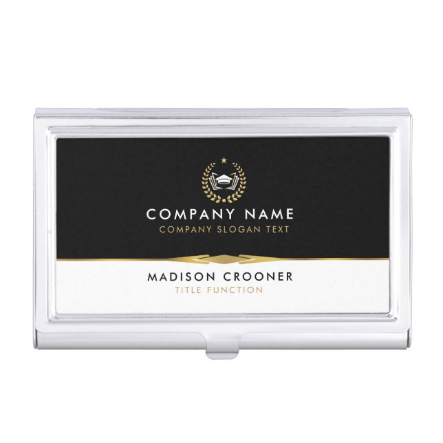 Professional Elegant Black White Gold Custom Logo Business Card Case (Front)