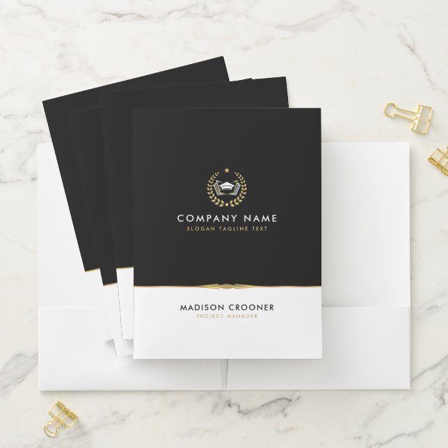 Professional Elegant Black White Gold Custom Logo Pocket Folder (In Situ)