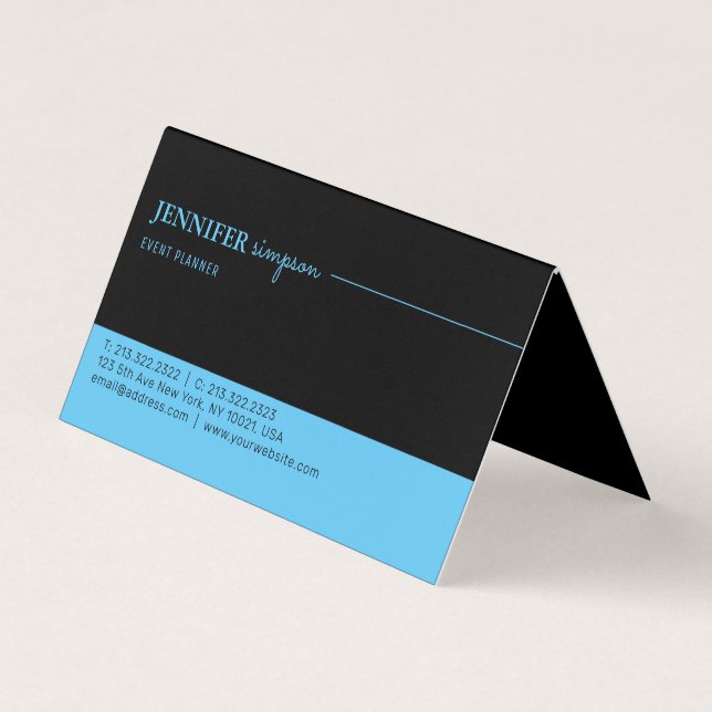 Professional Elegant Blue and Black Folded Business Card (Front)
