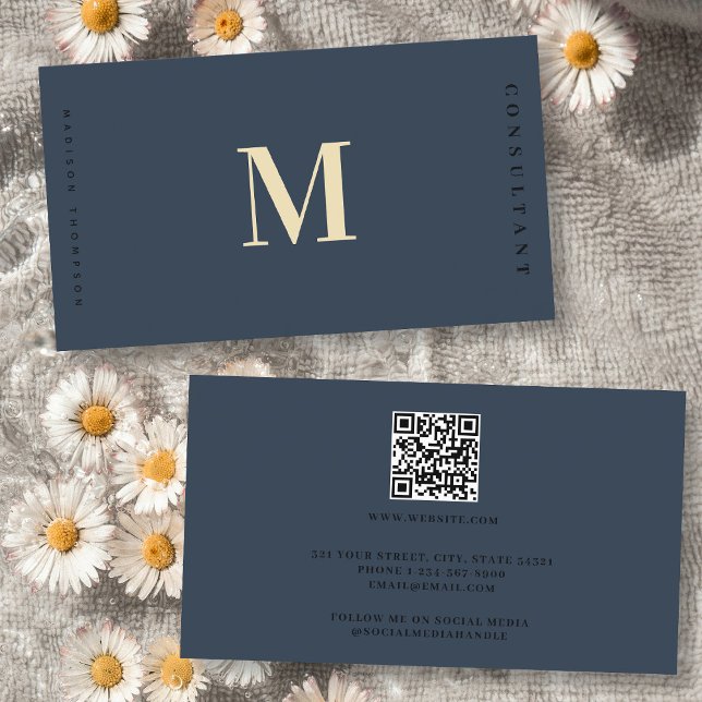 Professional Elegant Blue Gold Monogram QR Code Business Card (Professional Elegant Blue Gold Monogram QR Code Business Card)