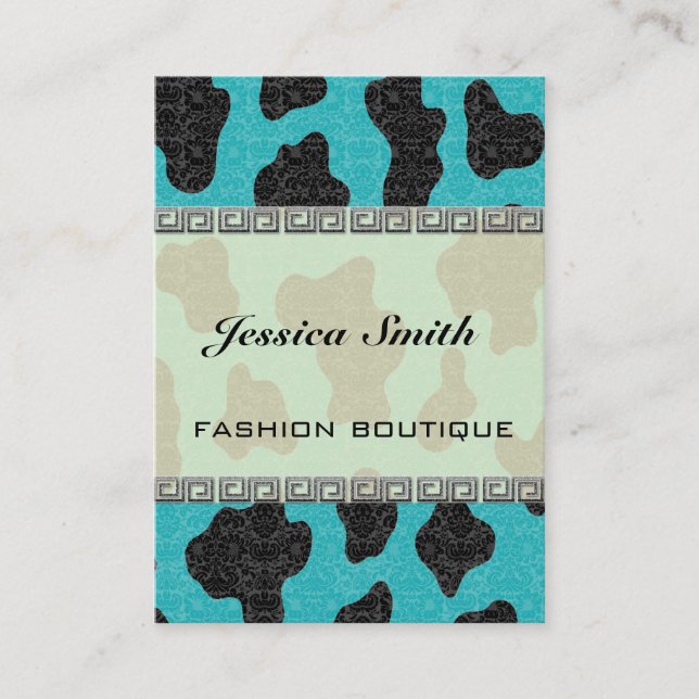 Professional elegant classy cow damask turquoise business card (Front)