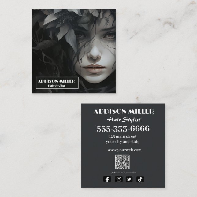 professional,Elegant, Floral Hairstylist QR code Calling Card (Front/Back)