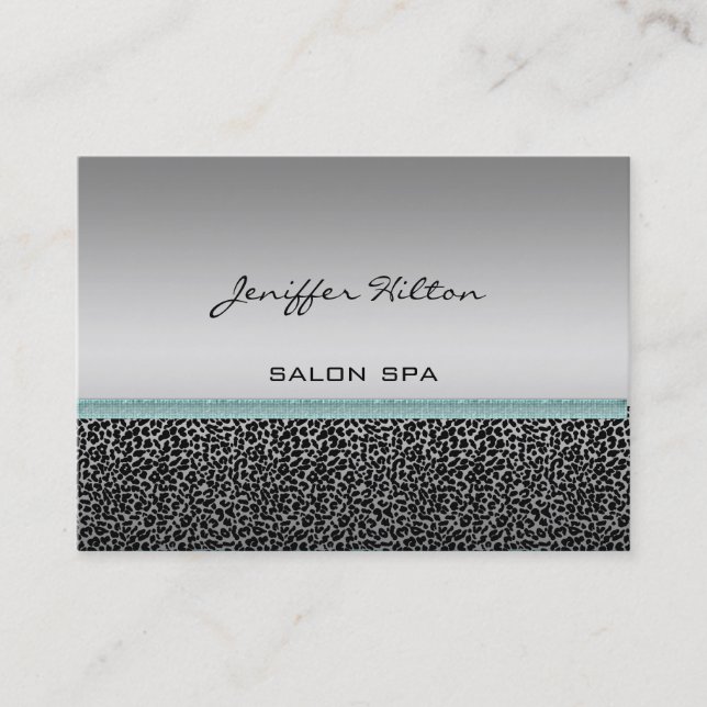 Professional elegant leopard print silvery business card (Front)