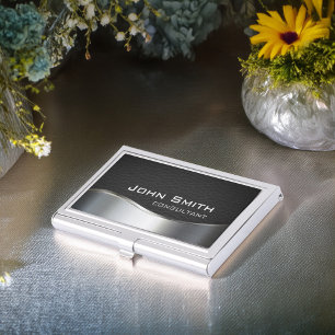 Professional Elegant Modern Silver & Black Leather Business Card Case
