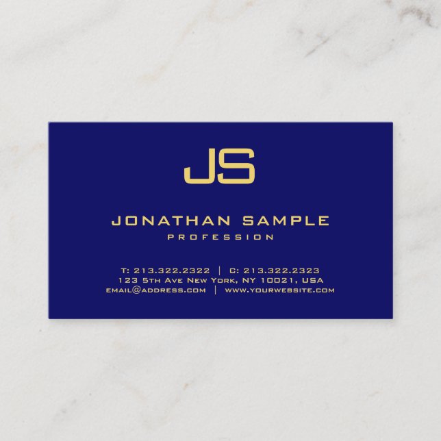 Professional Elegant Monogram Navy Blue Gold Business Card (Front)
