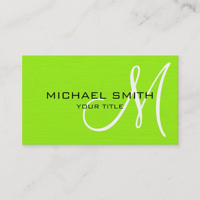 Professional Elegant Monogram Plain Lime Green Business Card (Front)