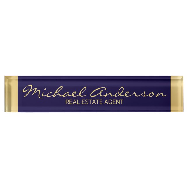 Professional Elegant Navy Blue and Gold Desk Name Plate (Front)