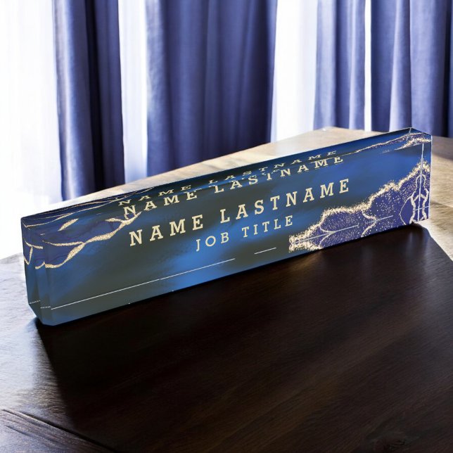 Professional Elegant Navy Blue Gold Agate Desk Name Plate (Creator Uploaded)