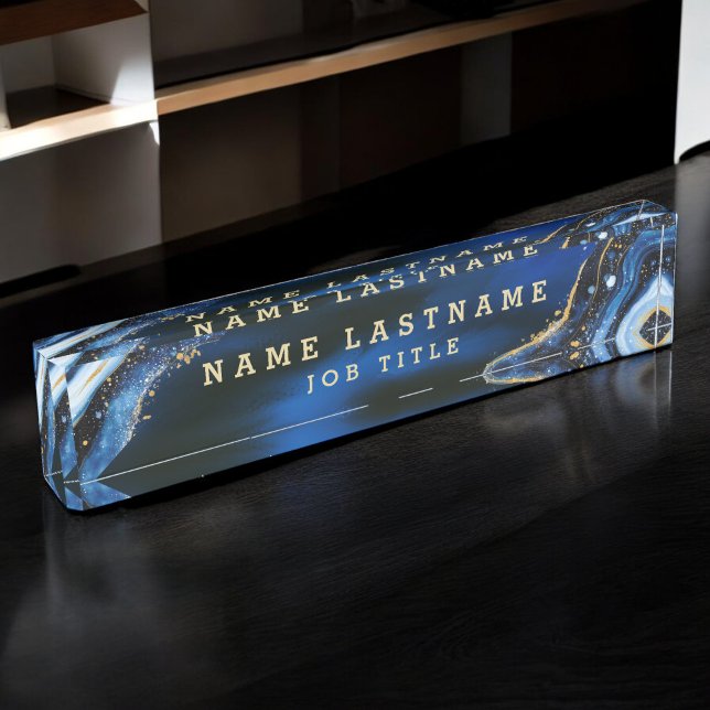 Professional Elegant Navy Blue Gold Agate Desk Name Plate (Creator Uploaded)