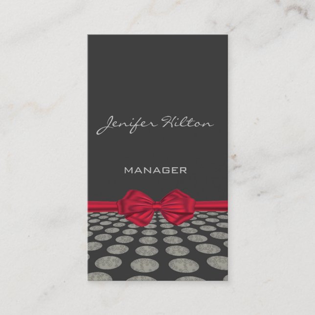 Professional Elegant red bow floral polka dots Business Card (Front)