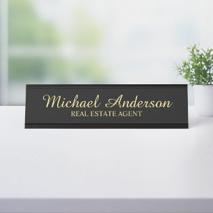 Professional Elegant Script Black and Gold Desk Name Plate