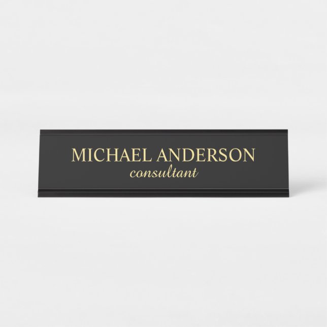Professional Elegant Script Black and Gold Desk Name Plate (Front)