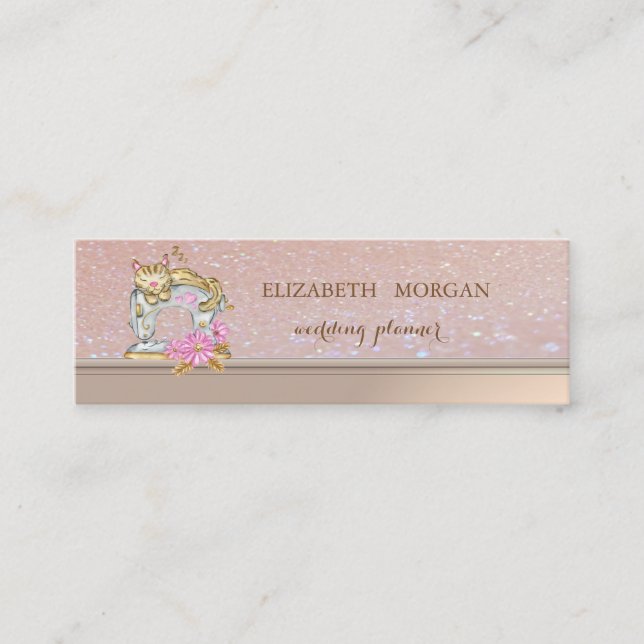 Professional Elegant Sewing Machine Cat Glittery Mini Business Card (Front)