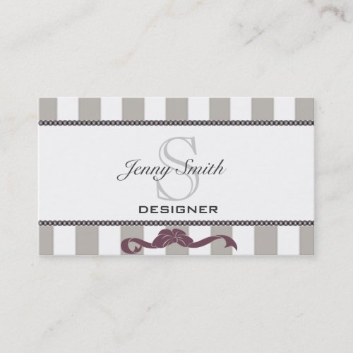 Professional elegant stipes lace bow monogram business cards