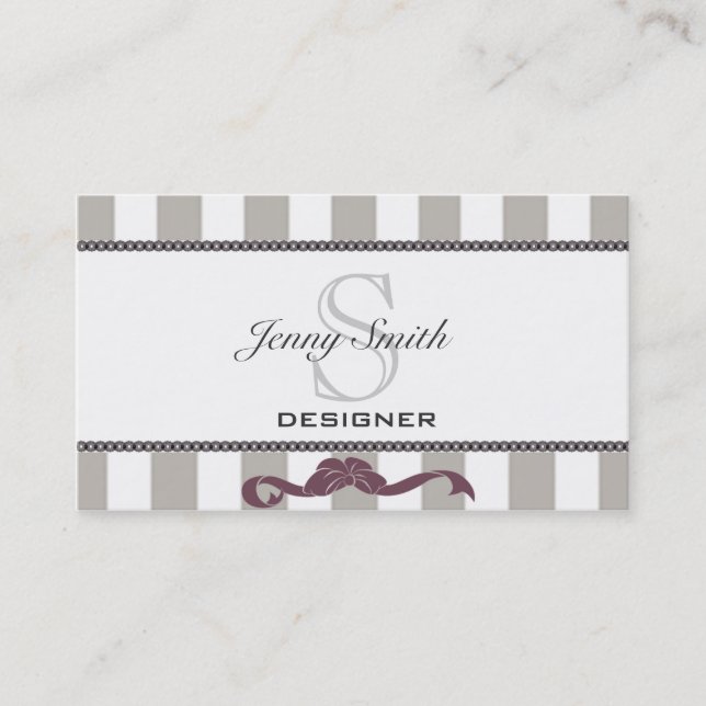 Professional elegant stipes lace bow monogram business card (Front)