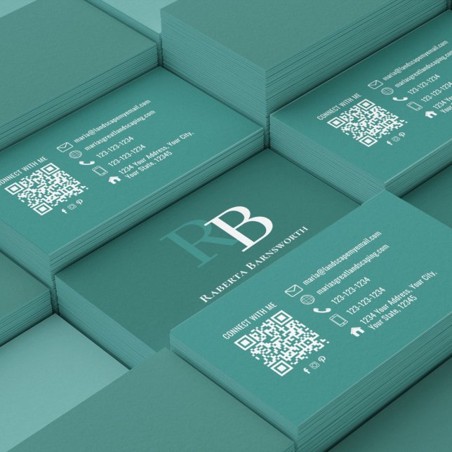 Professional Elegant Teal Monogram QR Code Business Card (Elegant teal monogram business card stack showcasing a professional branding design with custom init)