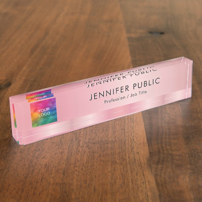Professional Elegant Upload Your Logo Rose Gold Desk Name Plate (Side)