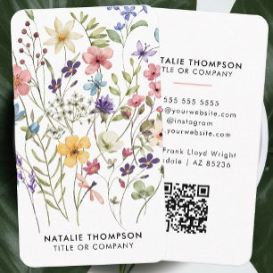 Professional Elegant Watercolor Wildflower QR Code Business Card