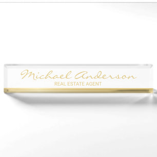 Professional Elegant White and Gold Desk Name Plate