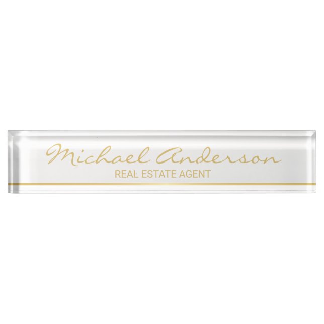 Professional Elegant White and Gold Desk Name Plate (Front)