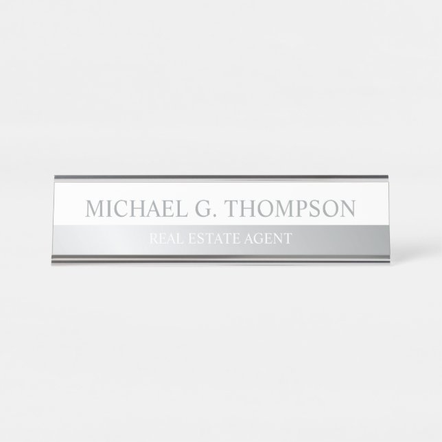 Professional Elegant White and Silver Desk Name Plate (Front)