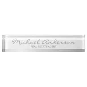 Professional Elegant White and Silver Desk Name Plate