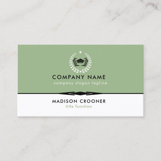 Professional Elegant White Sage Green Custom Logo Business Card (Front)