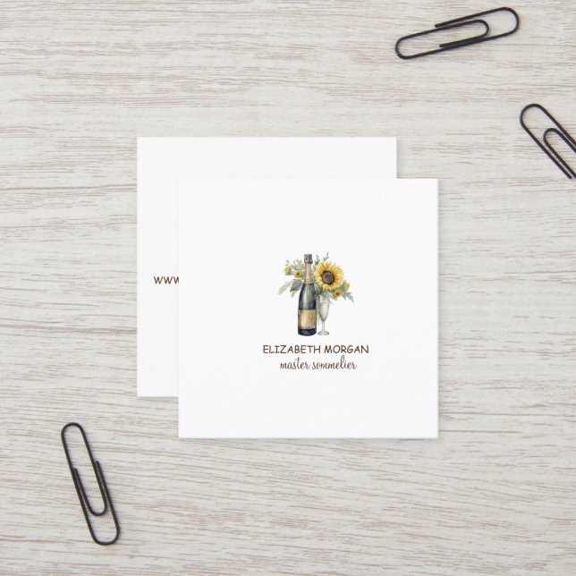 Professional Elegant Wine Glass,Bottle,Sunflowers Square Business Card (Front/Back In Situ)