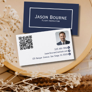 Professional Employee Photo QR Code Blue Aviation Business Card