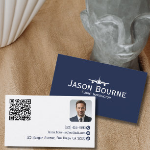 Professional Employee Photo QR Code Blue Aviation Business Card