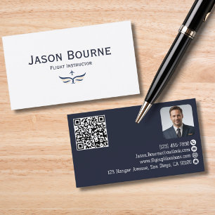 Professional Employee Photo QR Code Blue Aviation Business Card
