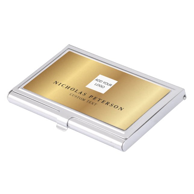 Professional Executive Metallic Gold Company Logo Business Card Case (Front)