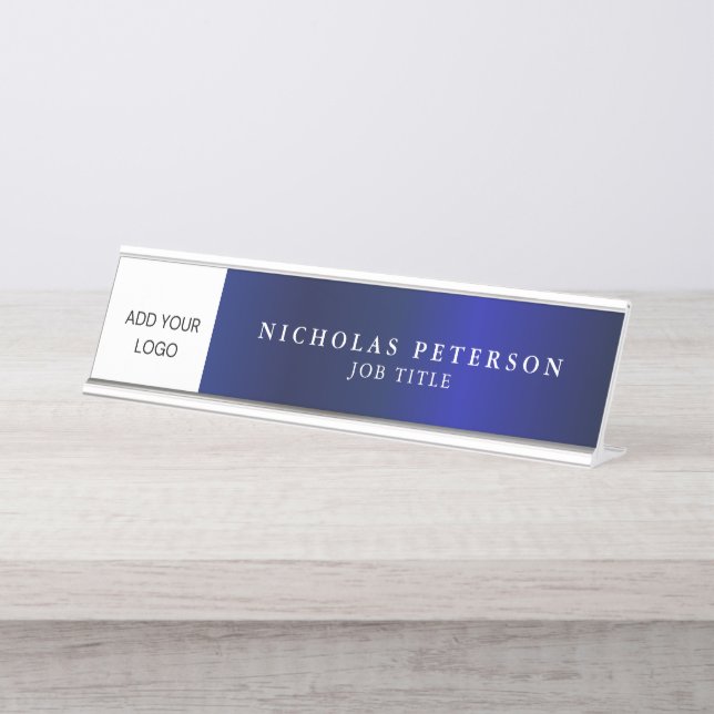 Professional Executive Metallic Navy Company Logo Desk Name Plate (Front)
