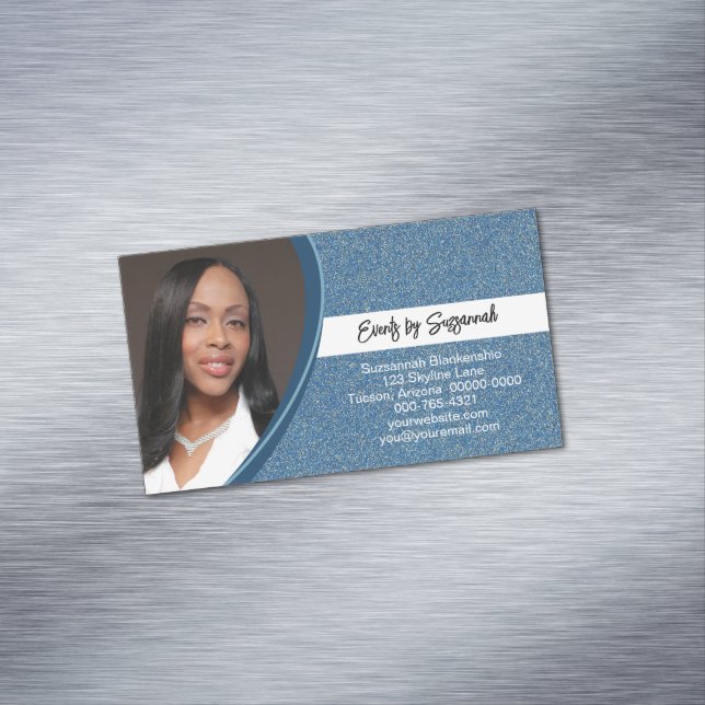 Professional Faux Blue Glitter Custom Photo Business Card Magnet (In Situ)