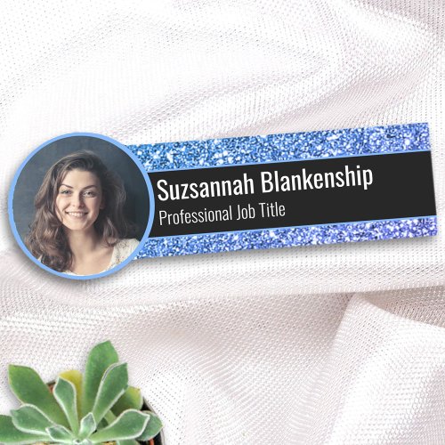 Professional Faux Blue Glitter Custom Photo Name Tag