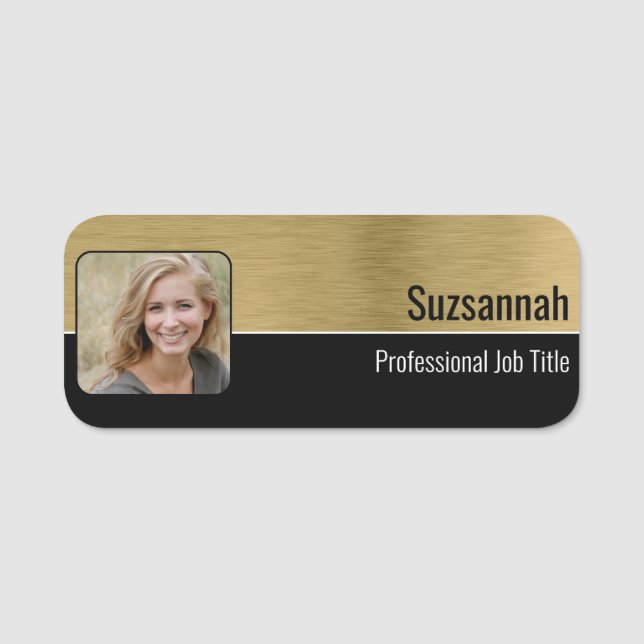 Professional Faux Brushed Brass Custom Photo Name Tag (Front)