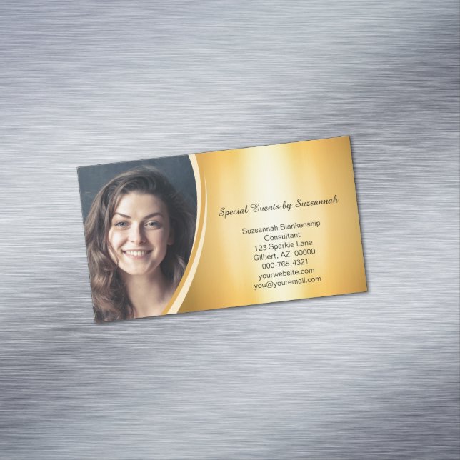 Professional Faux Gold Flare Custom Photo Business Card Magnet (In Situ)