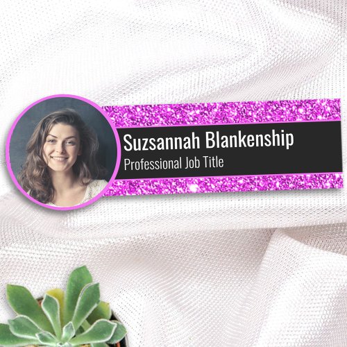 Professional Faux Pink Glitter Custom Photo Name Tag